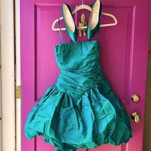 Vintage 80s teal strapless prom dress and perfectly matching vintage satin pumps